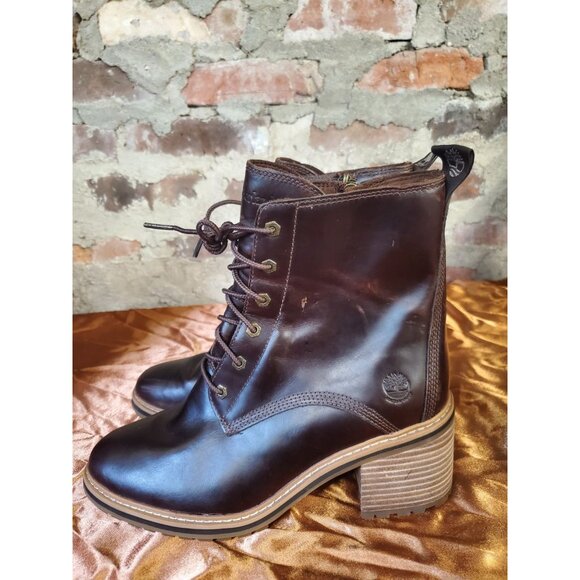 Timberland Women's Boots Brown Leather High Heel Lace Up Boots Shoe Sz 8 S - Picture 4 of 6